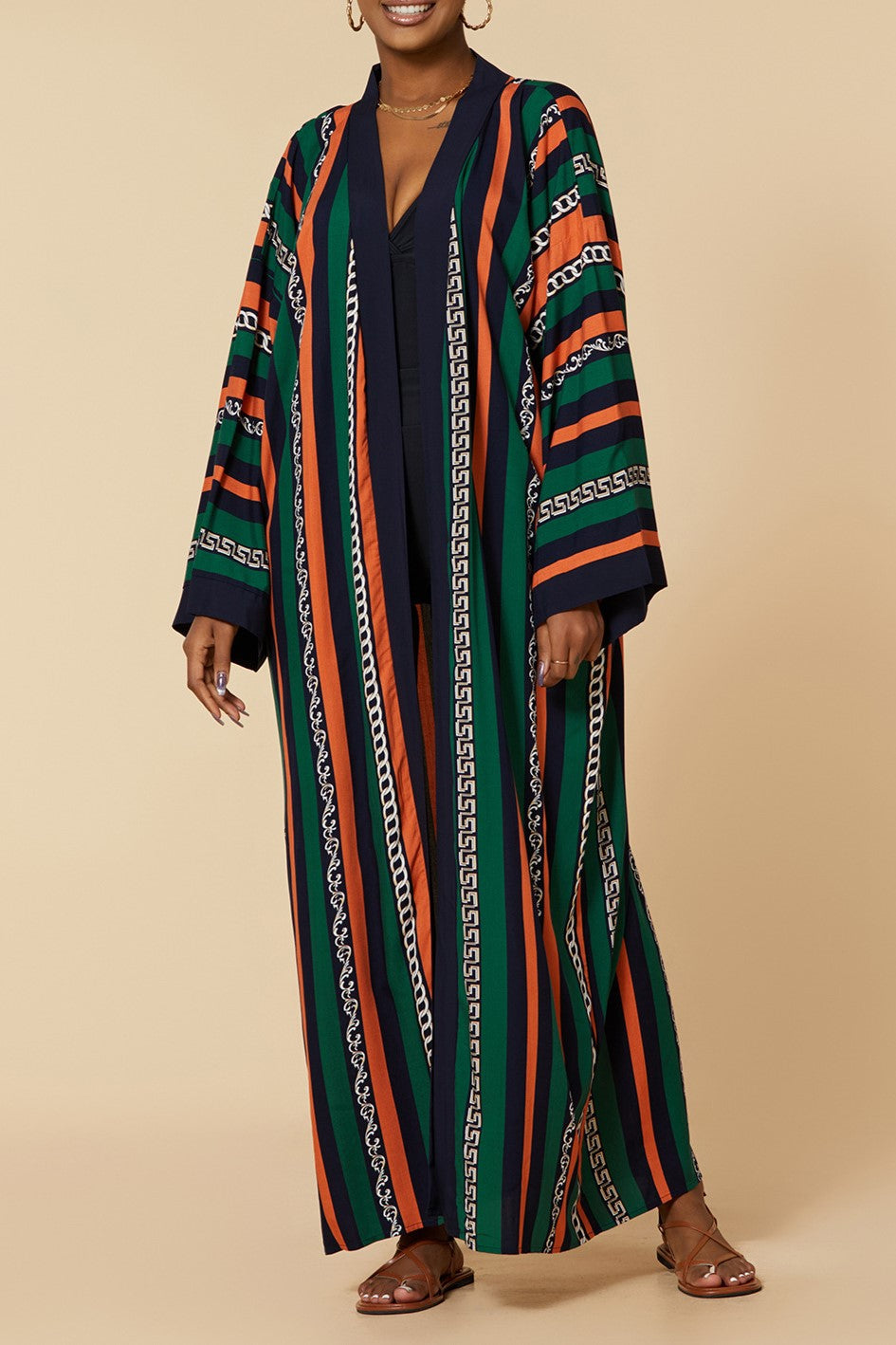 Printed Belted Maxi Kimono Cover Up - Stripe - 2