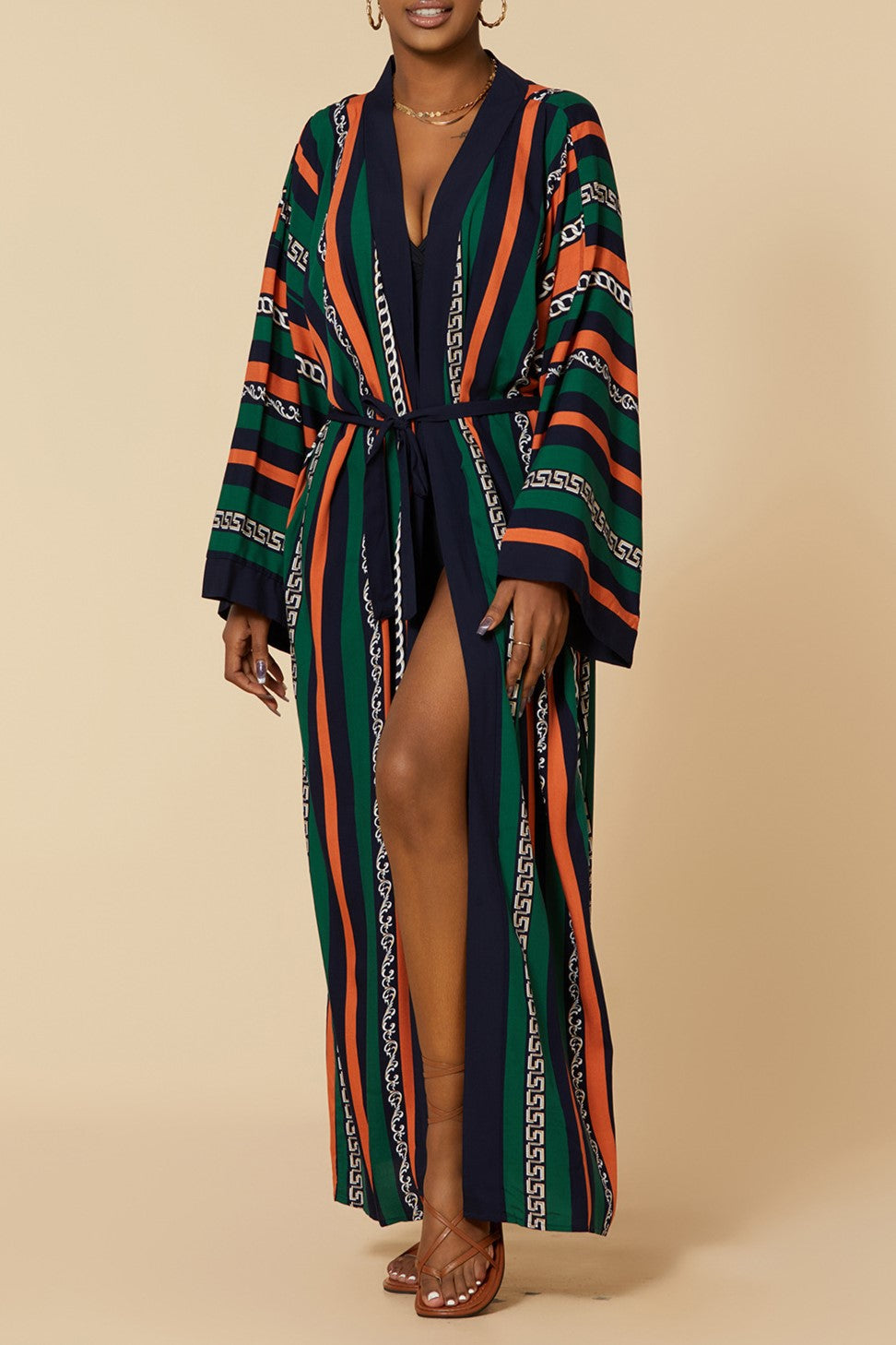 Printed Belted Maxi Kimono Cover Up - Stripe - 3