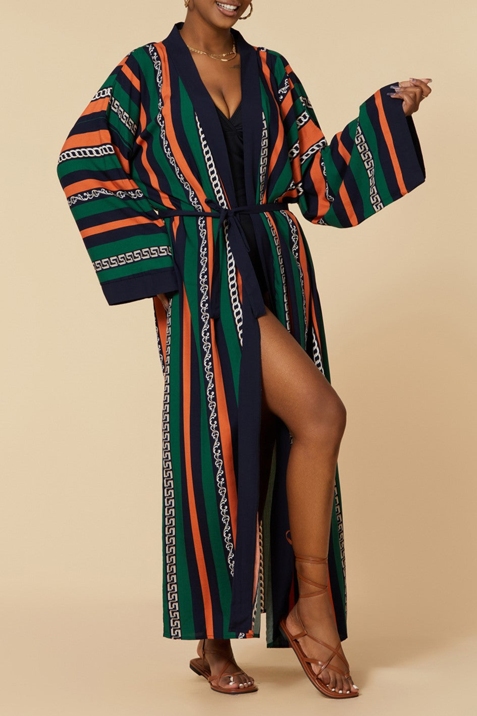 Printed Belted Maxi Kimono Cover Up - Stripe - 4