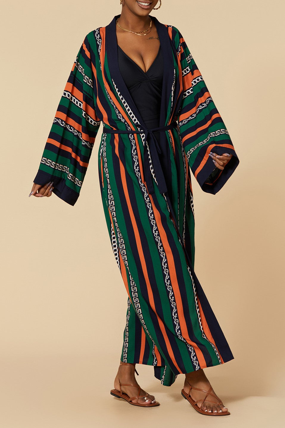 Printed Belted Maxi Kimono Cover Up - Stripe - 5