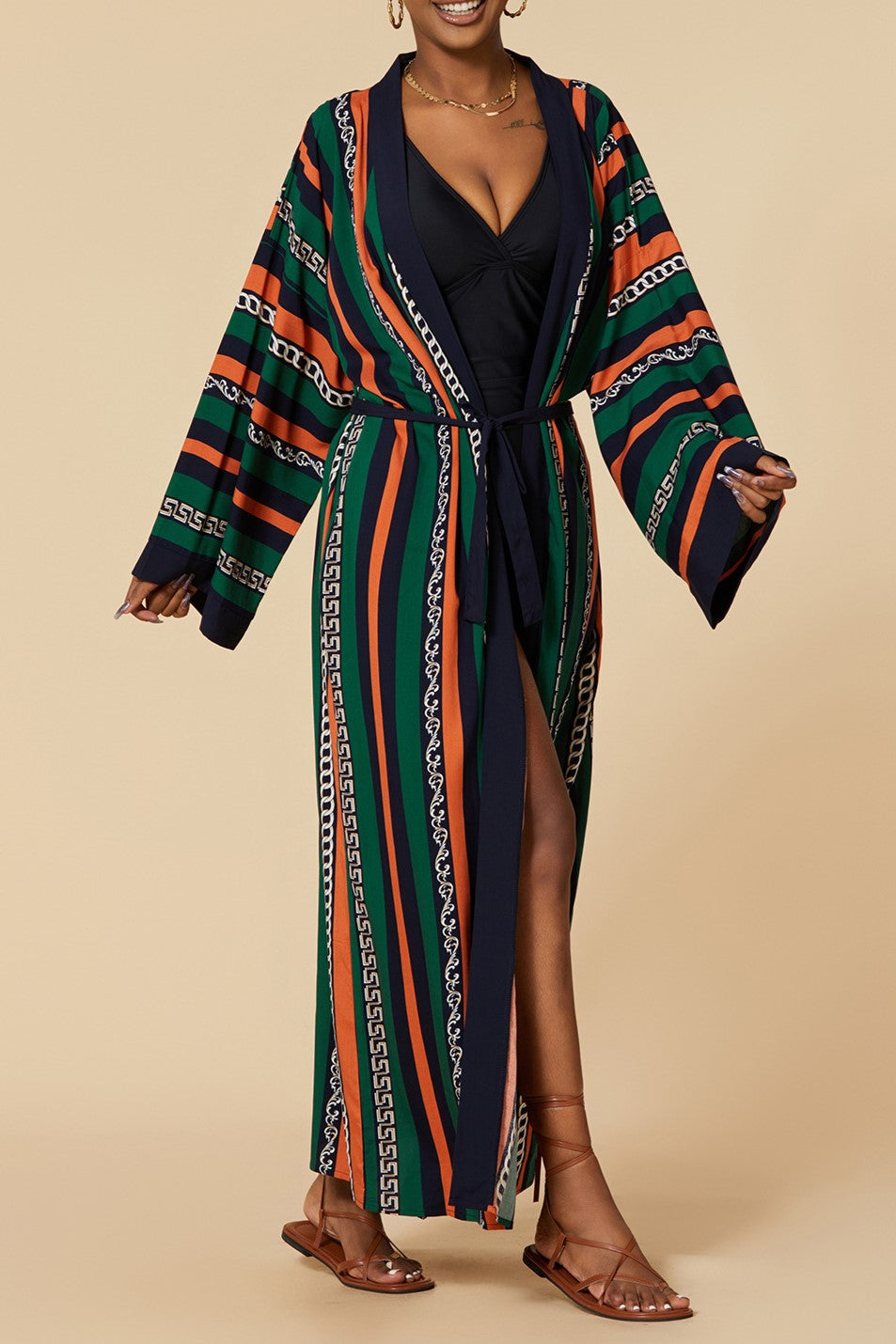 Printed Belted Maxi Kimono Cover Up - Stripe - 6