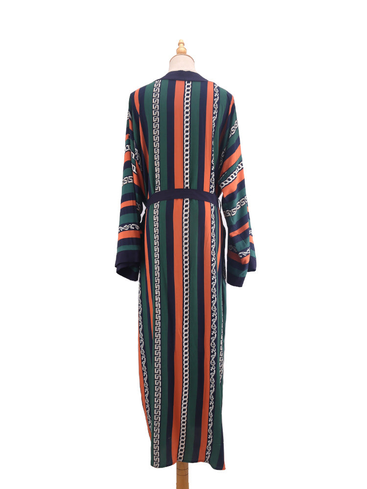 Printed Belted Maxi Kimono Cover Up - Stripe - 7