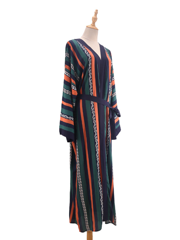Printed Belted Maxi Kimono Cover Up - Stripe - 8