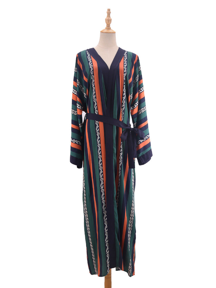 Printed Belted Maxi Kimono Cover Up - Stripe - 9