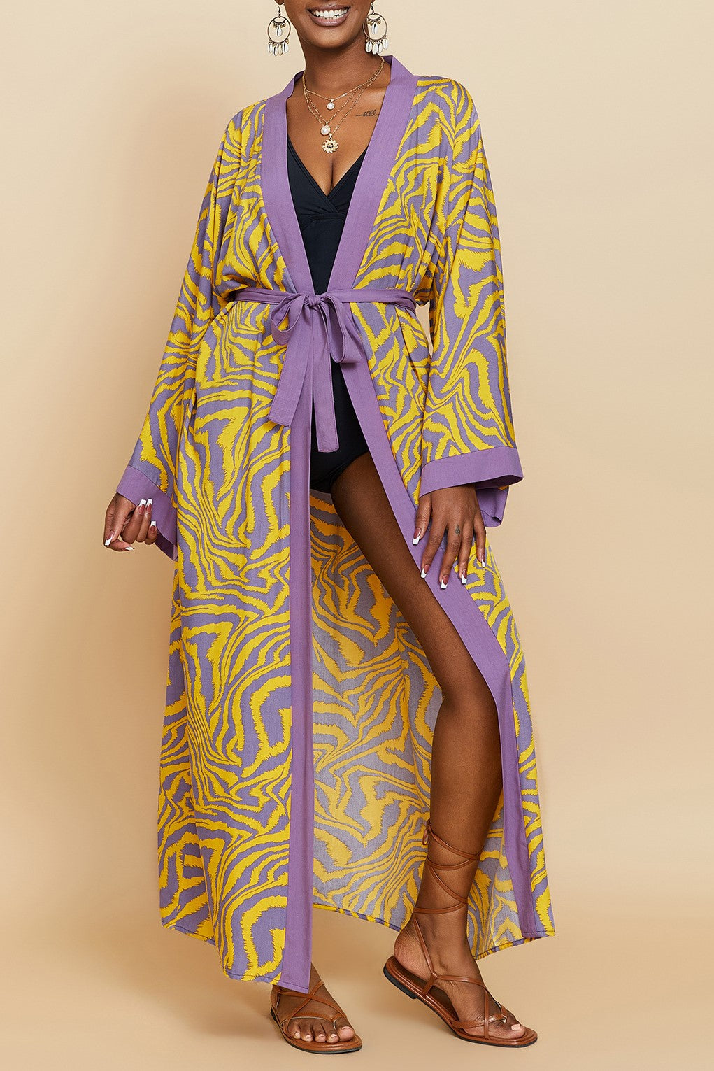 Printed Belted Maxi Kimono Cover Up - Yellow