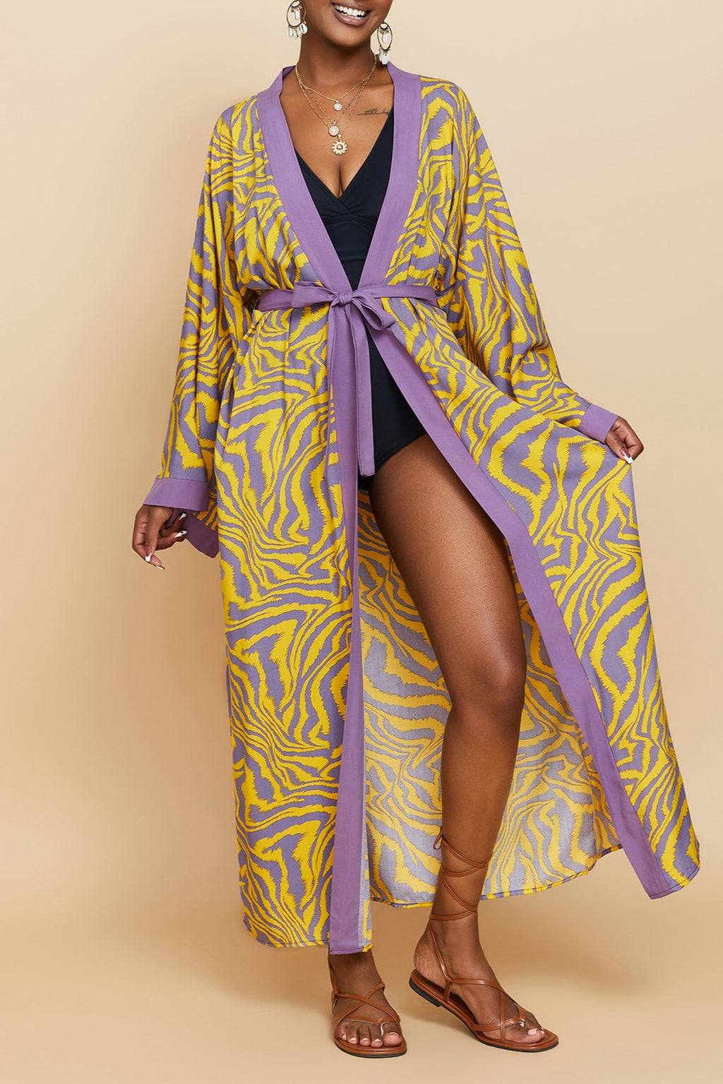 Printed Belted Maxi Kimono Cover Up - Yellow - 1