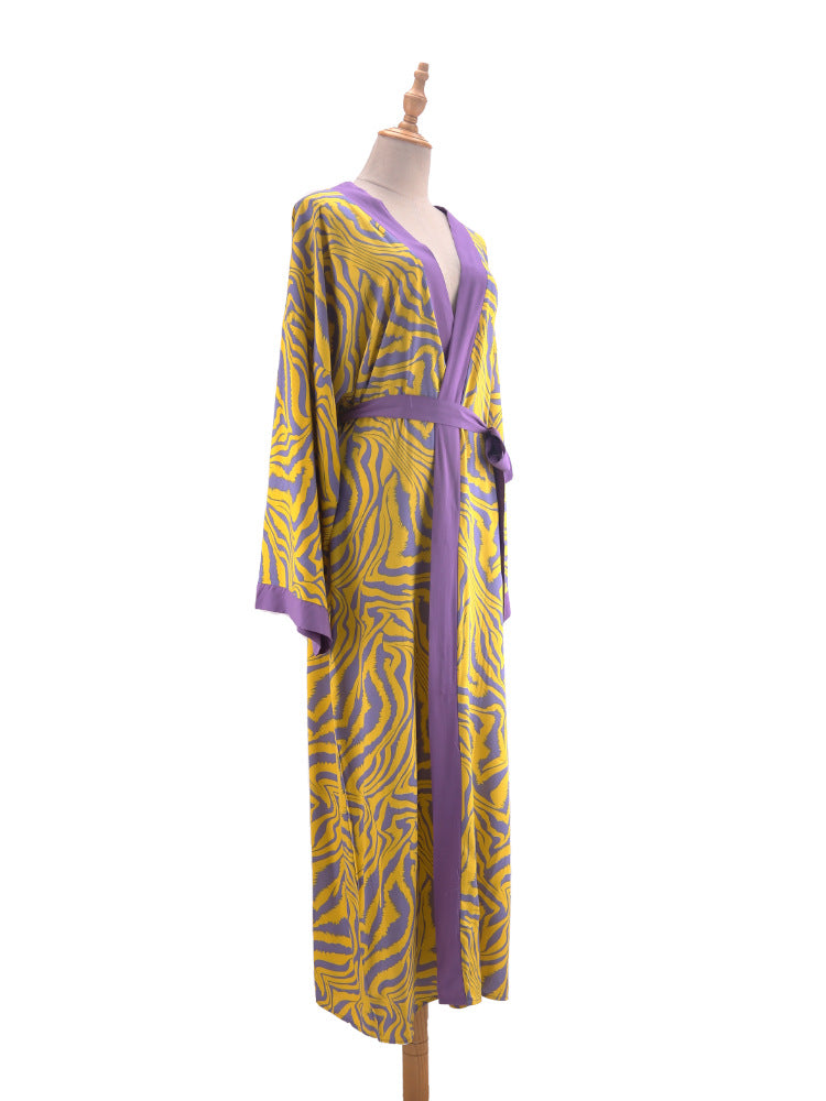 Printed Belted Maxi Kimono Cover Up - Yellow - 10
