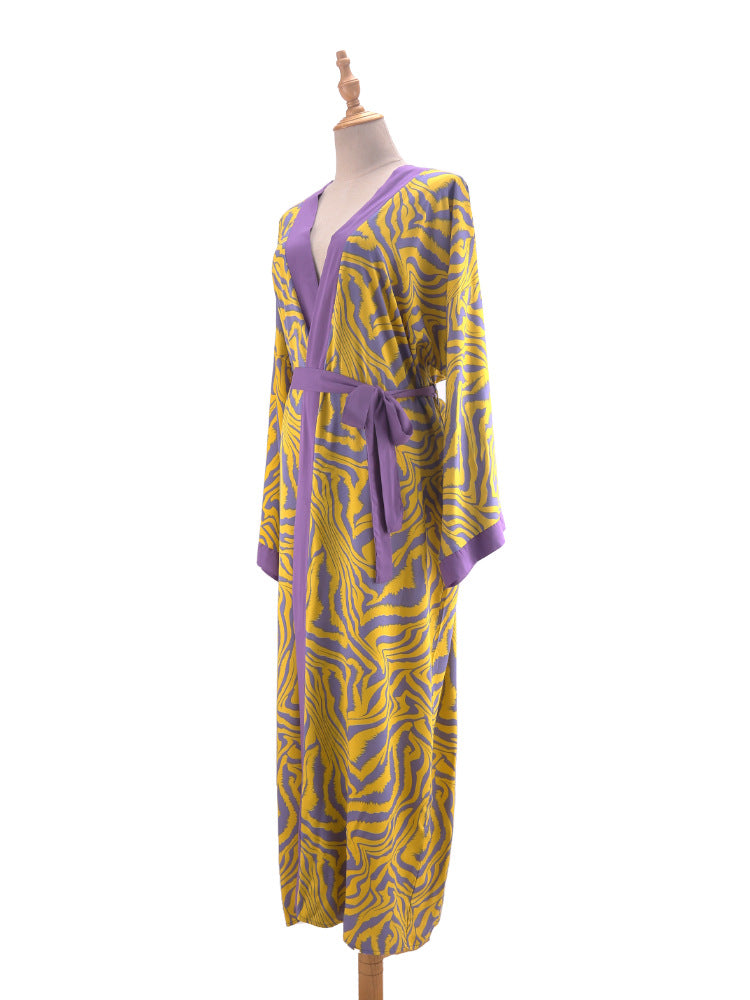 Printed Belted Maxi Kimono Cover Up - Yellow - 11