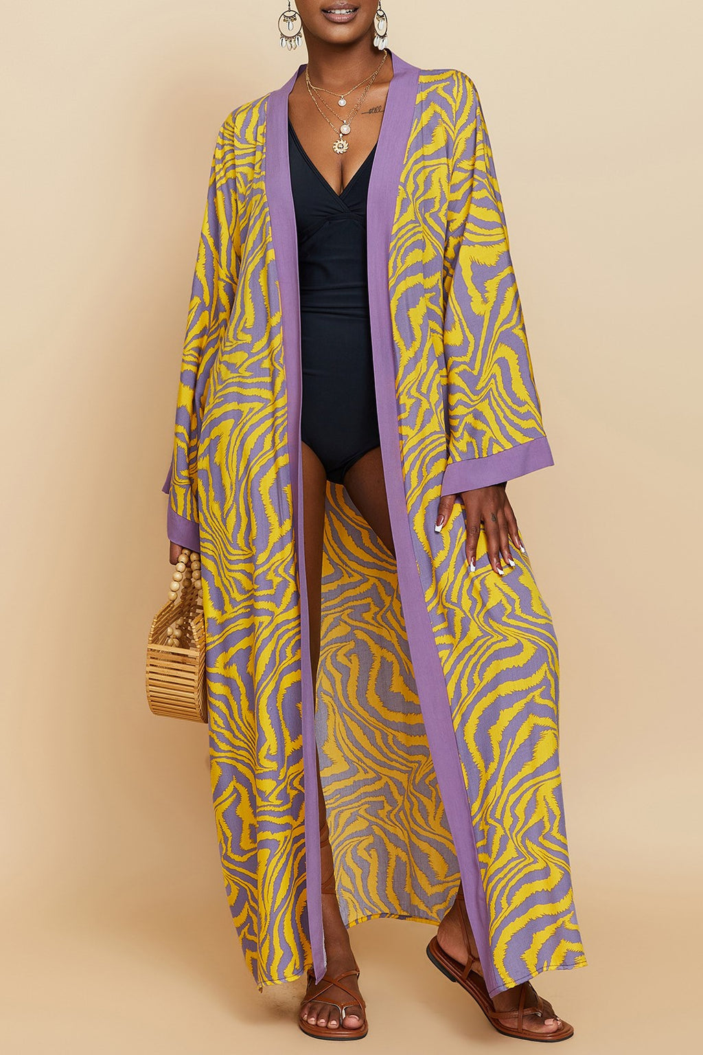 Printed Belted Maxi Kimono Cover Up - Yellow - 2