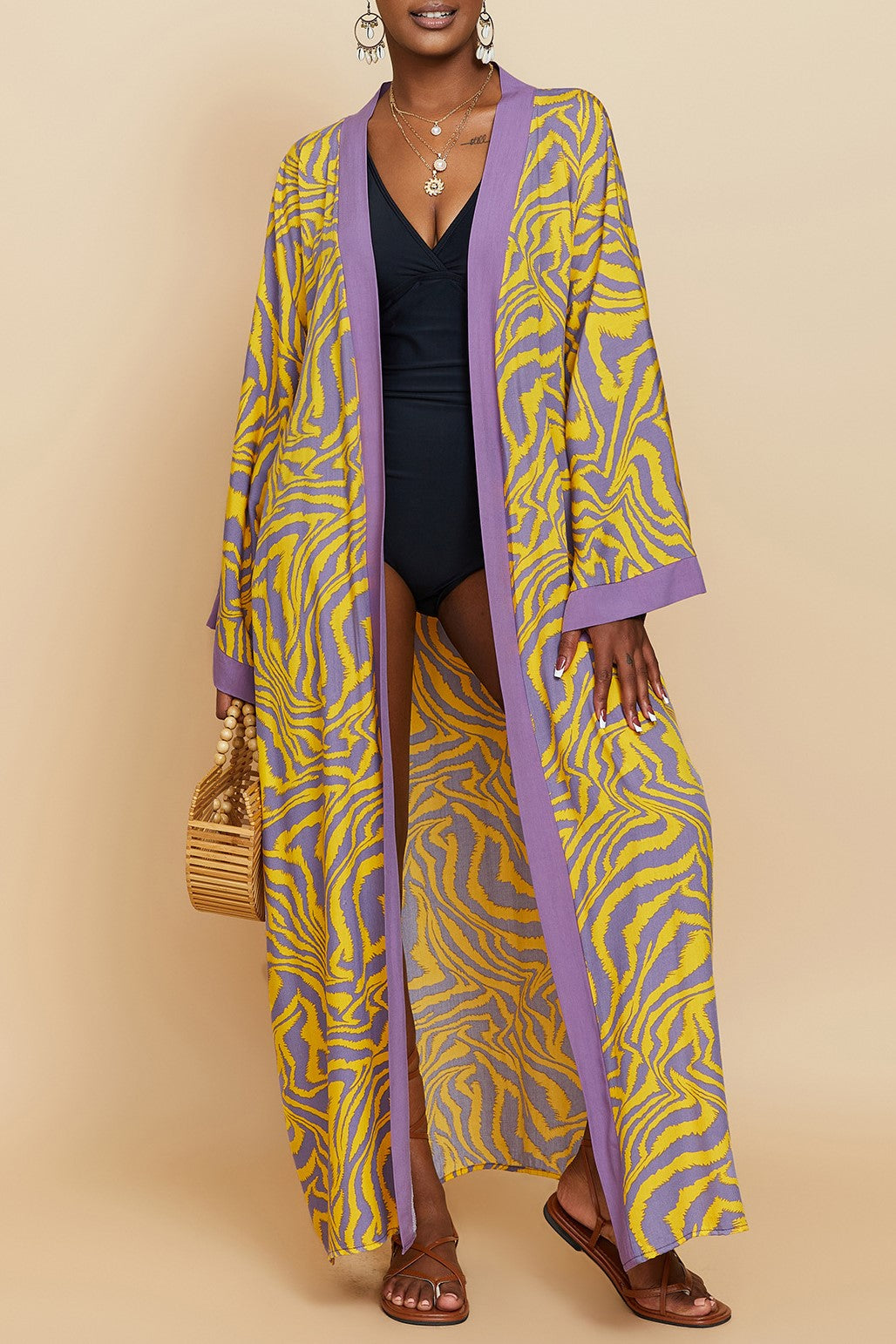 Printed Belted Maxi Kimono Cover Up - Yellow - 2