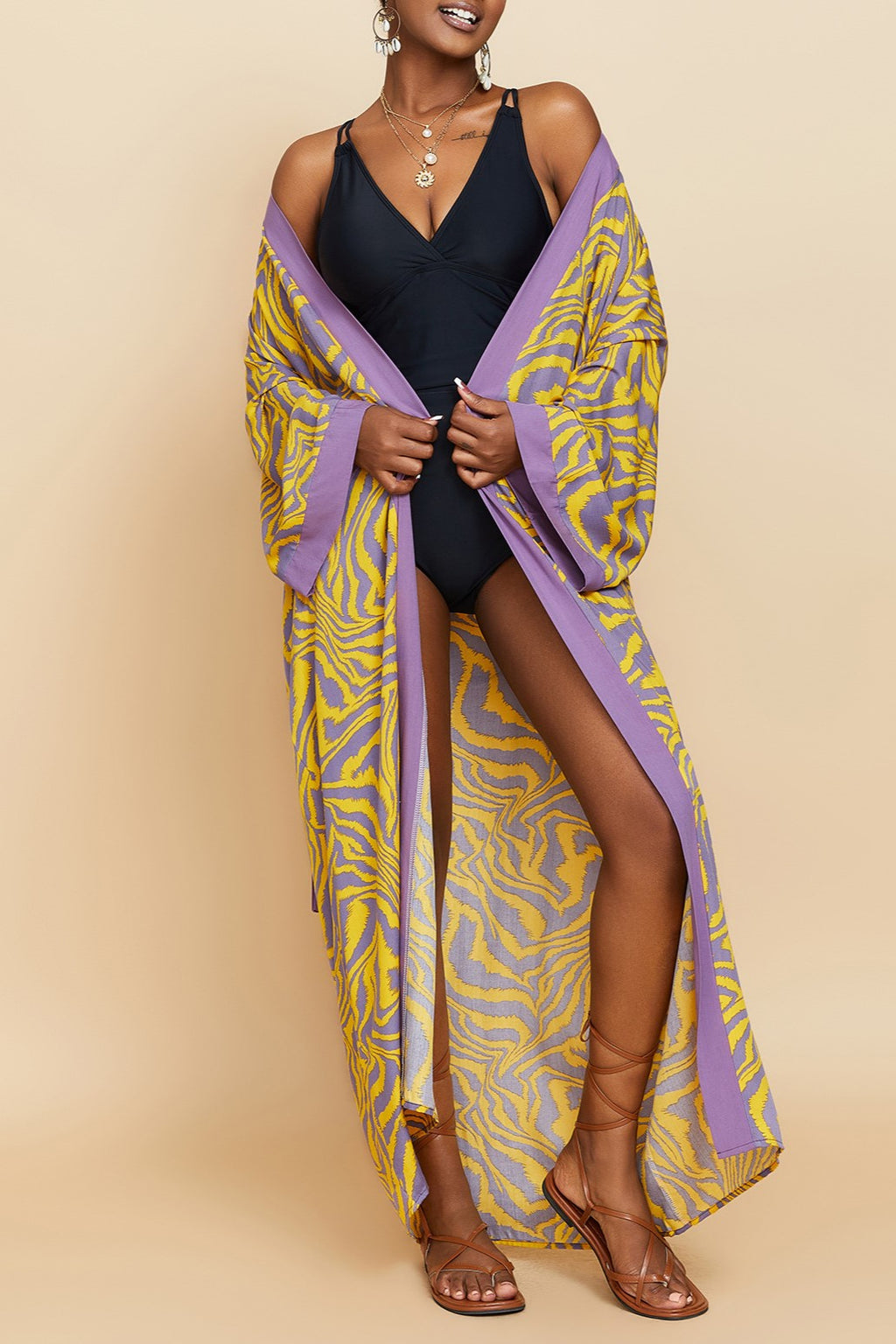 Printed Belted Maxi Kimono Cover Up - Yellow - 4