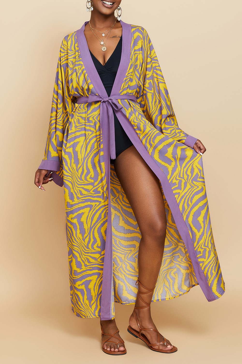 Printed Belted Maxi Kimono Cover Up - Yellow - 5