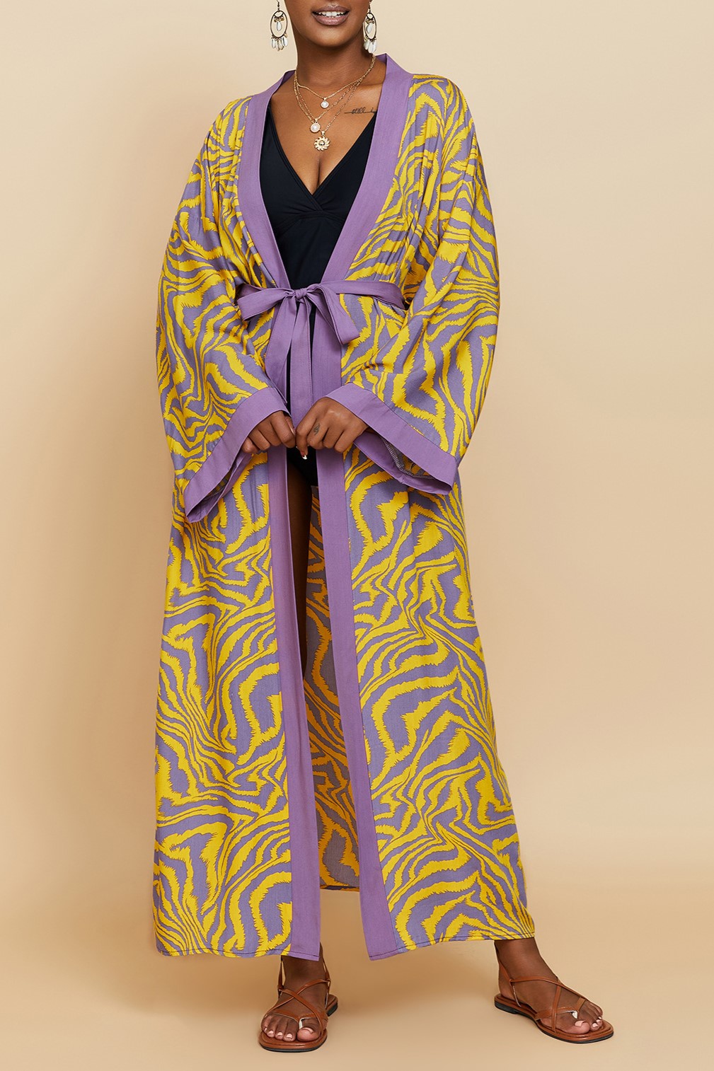 Printed Belted Maxi Kimono Cover Up - Yellow - 6