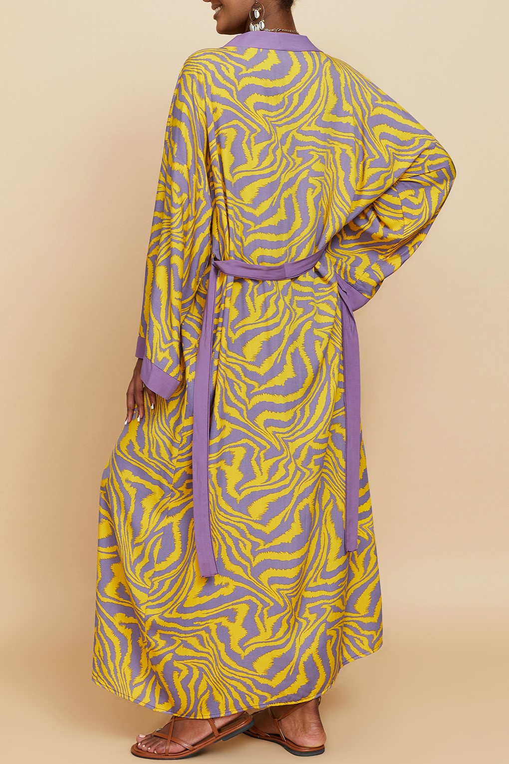 Printed Belted Maxi Kimono Cover Up - Yellow - 7
