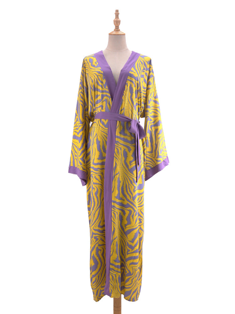Printed Belted Maxi Kimono Cover Up - Yellow - 8