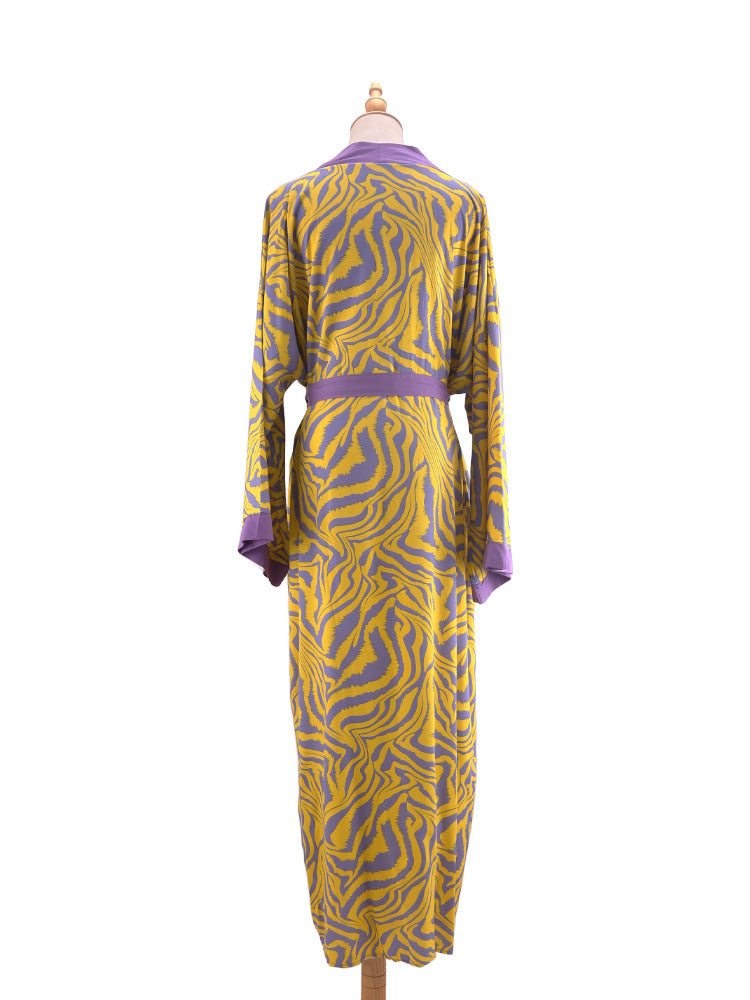 Printed Belted Maxi Kimono Cover Up - Yellow - 9
