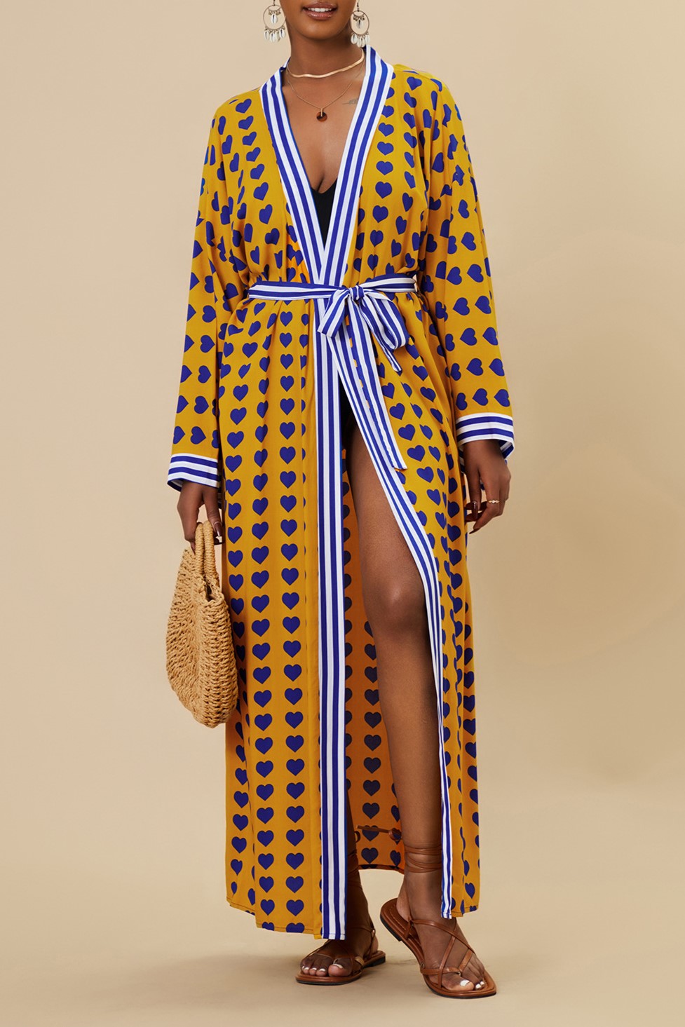 Printed Belted Maxi Kimono Cover Up - Yw-Heart