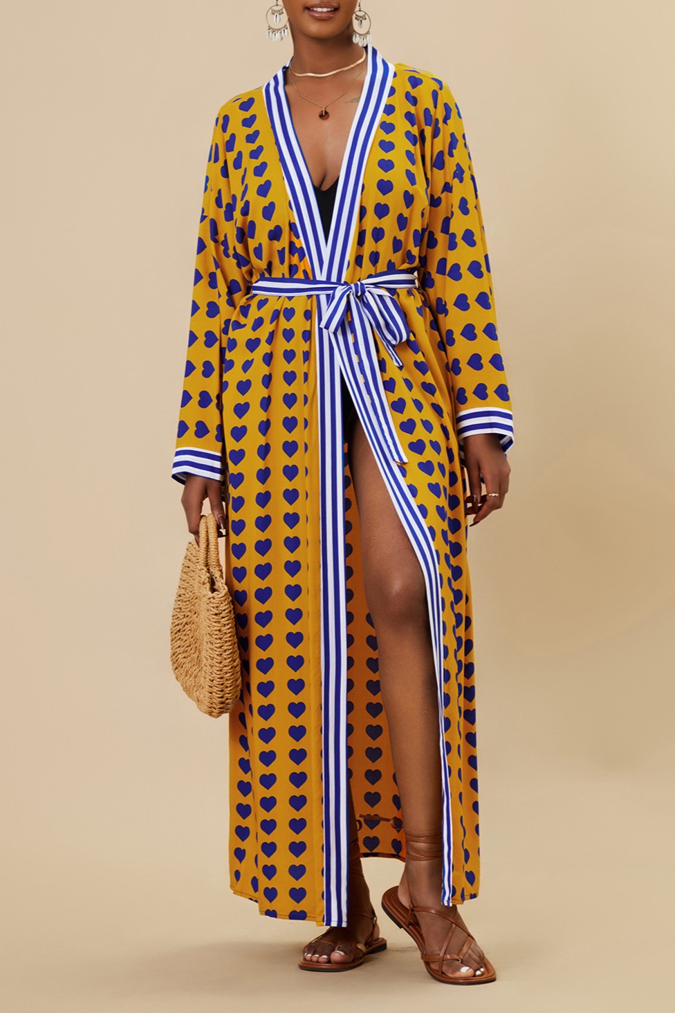 Printed Belted Maxi Kimono Cover Up - Yw-Heart - 1