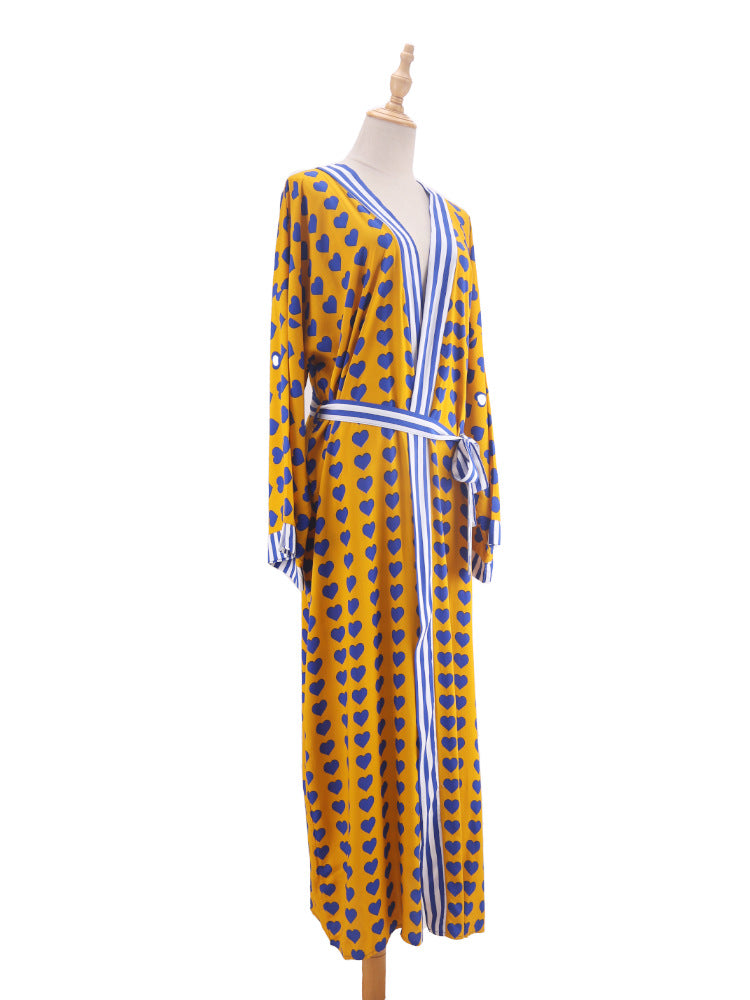 Printed Belted Maxi Kimono Cover Up - Yw-Heart - 11