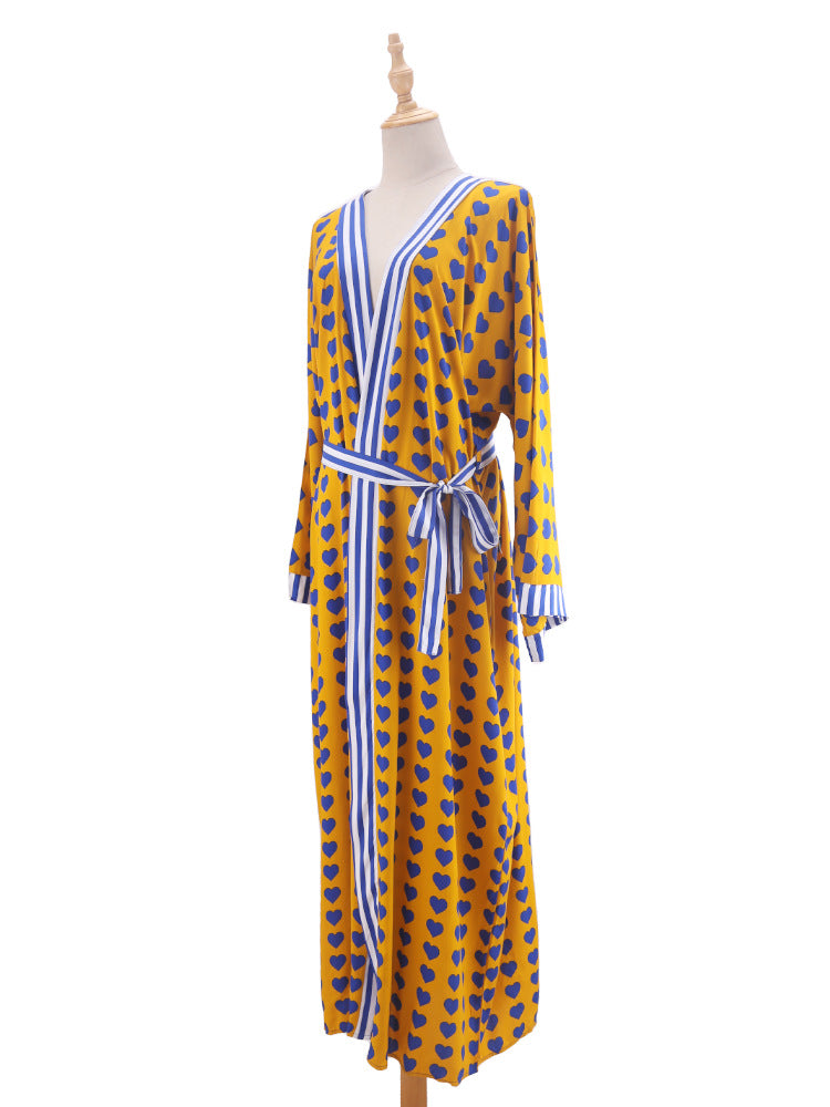 Printed Belted Maxi Kimono Cover Up - Yw-Heart - 12