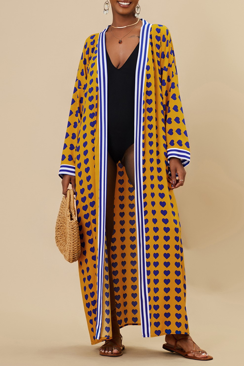 Printed Belted Maxi Kimono Cover Up - Yw-Heart - 2
