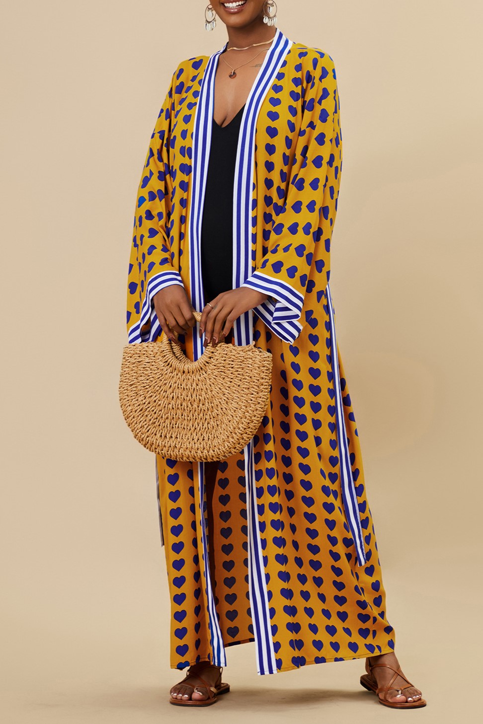 Printed Belted Maxi Kimono Cover Up - Yw-Heart - 3