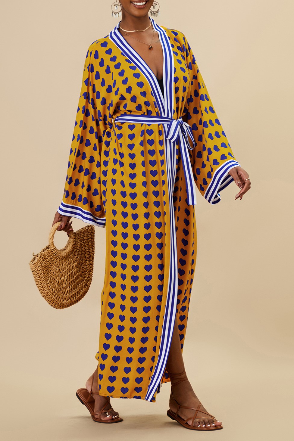 Printed Belted Maxi Kimono Cover Up - Yw-Heart - 4