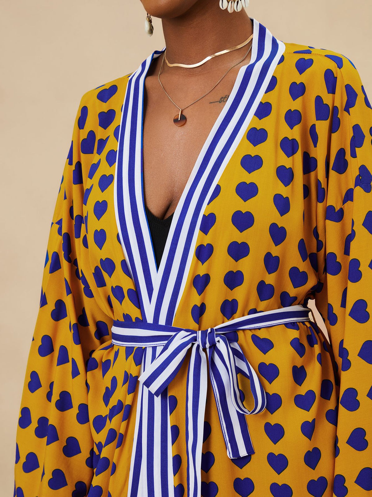 Printed Belted Maxi Kimono Cover Up - Yw-Heart - 7