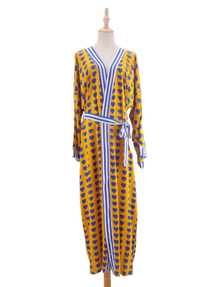 Printed Belted Maxi Kimono Cover Up - Yw-Heart - 9