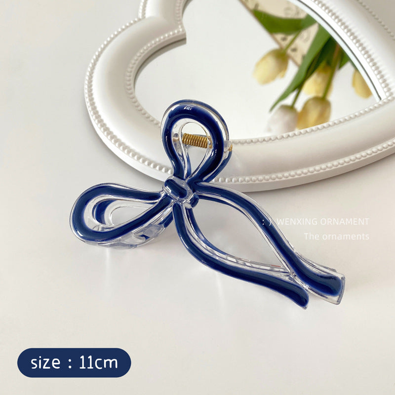 Glossy Ribbon Bow Hair Claw Clip - blue