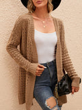 Waffle Stitch Open Front Duster Cardigan - Brown