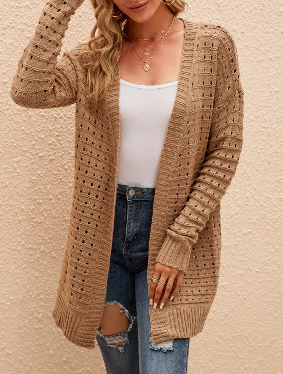 Waffle Stitch Open Front Duster Cardigan - Brown - 2
