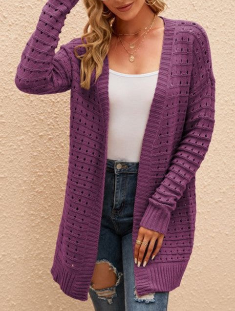 Waffle Stitch Open Front Duster Cardigan - Purple