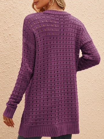 Waffle Stitch Open Front Duster Cardigan - Purple - 1