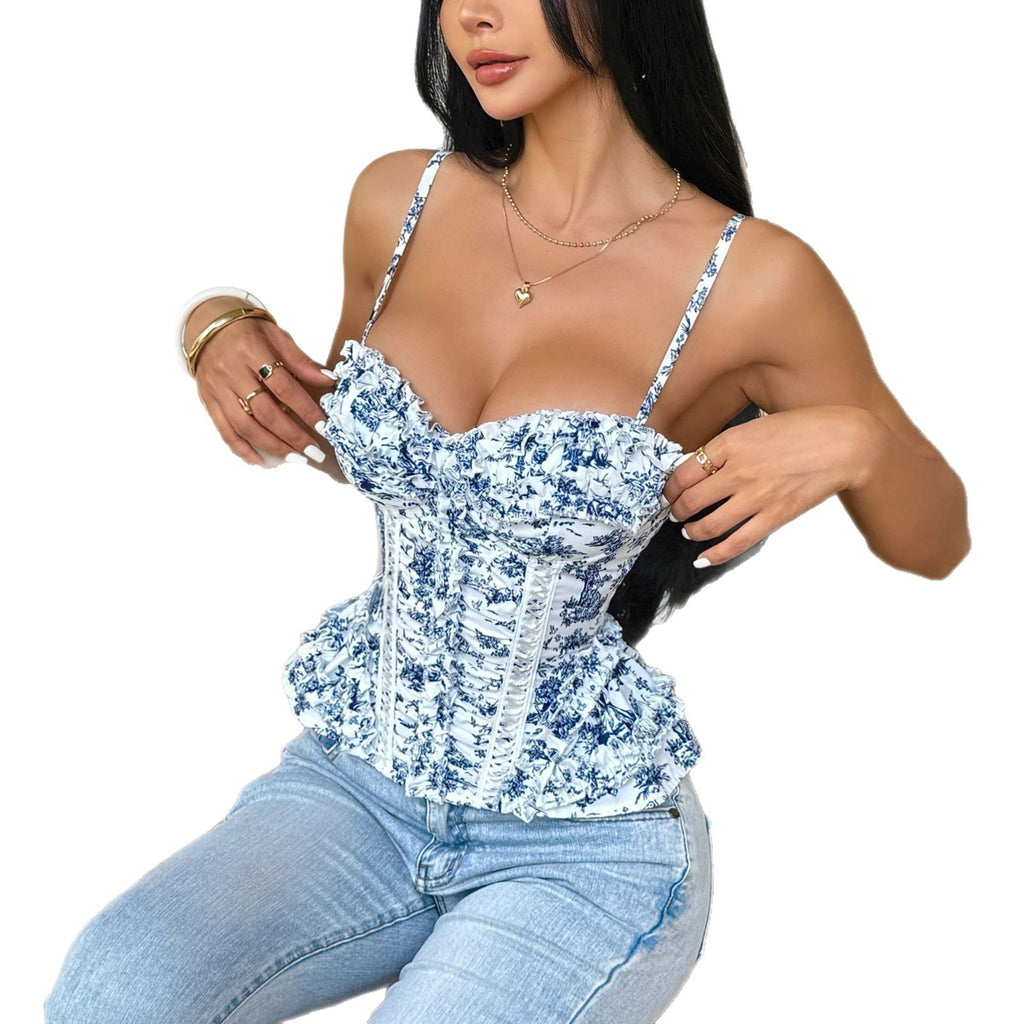 Blue Toile Print Ruffled Peplum Lace Up Corset Top
