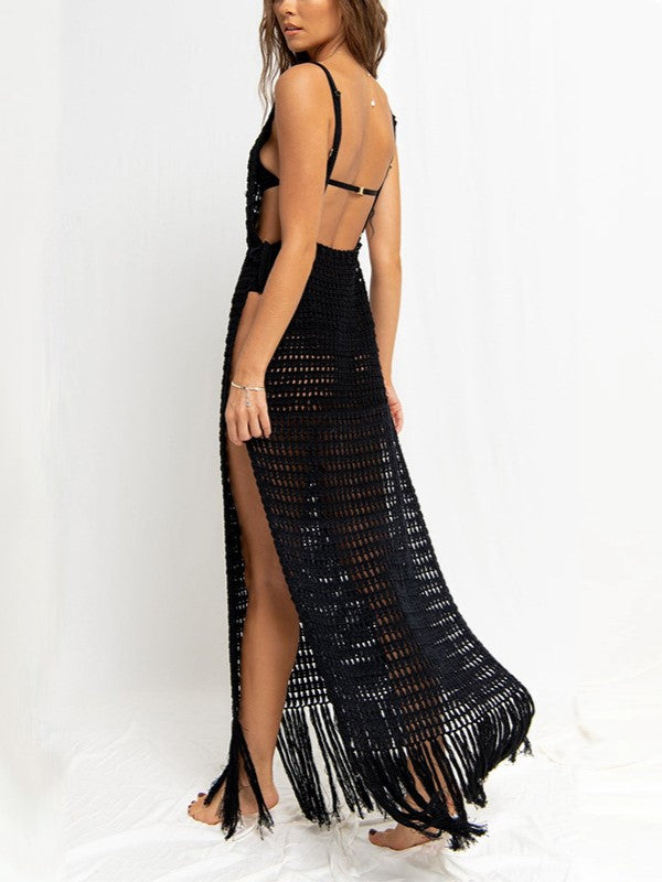 Fringe Hem Crochet Maxi Beach Cover Up - Black - 1