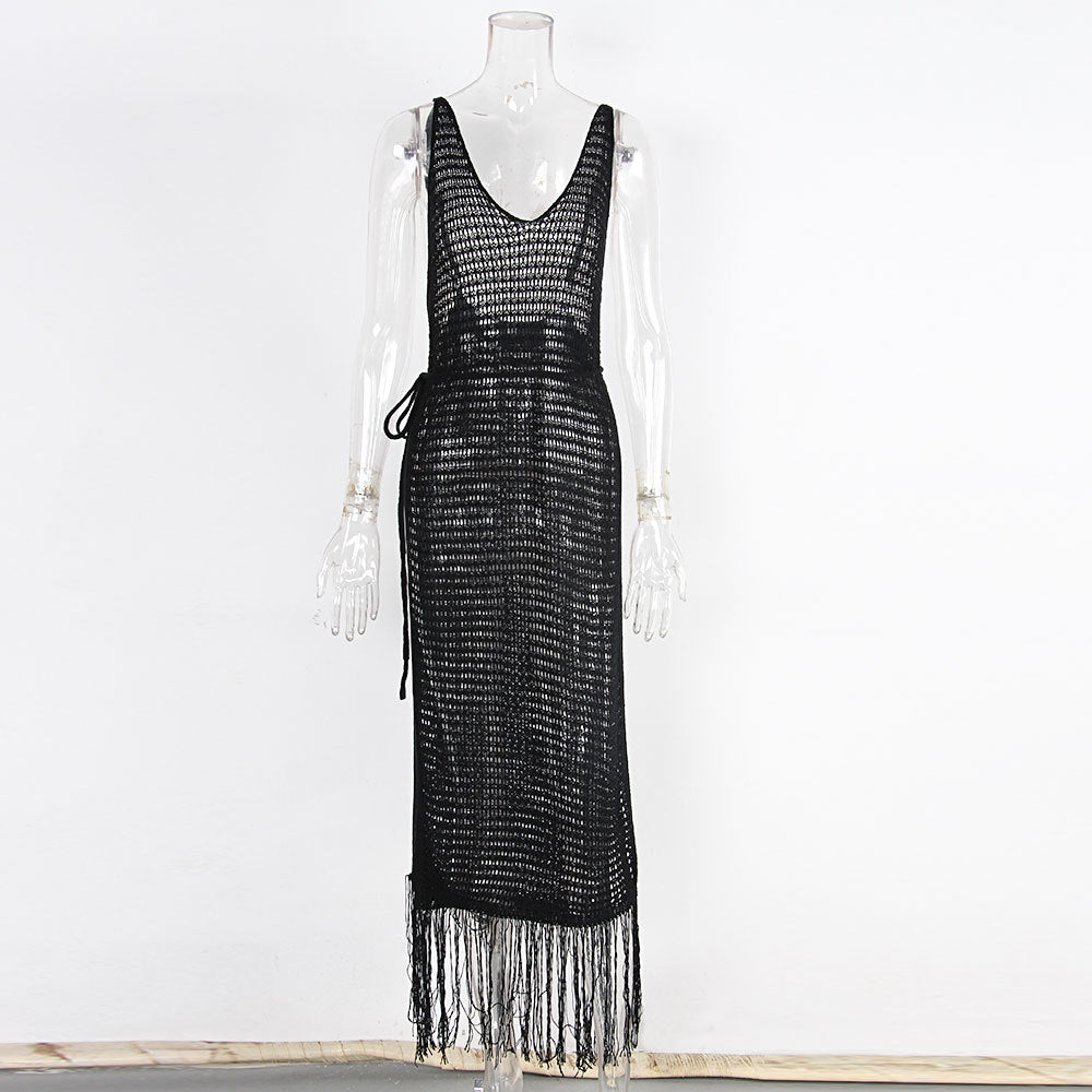 Fringe Hem Crochet Maxi Beach Cover Up - Black - 3