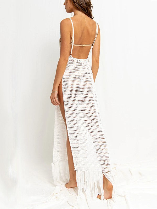 Fringe Hem Crochet Maxi Beach Cover Up - White - 1