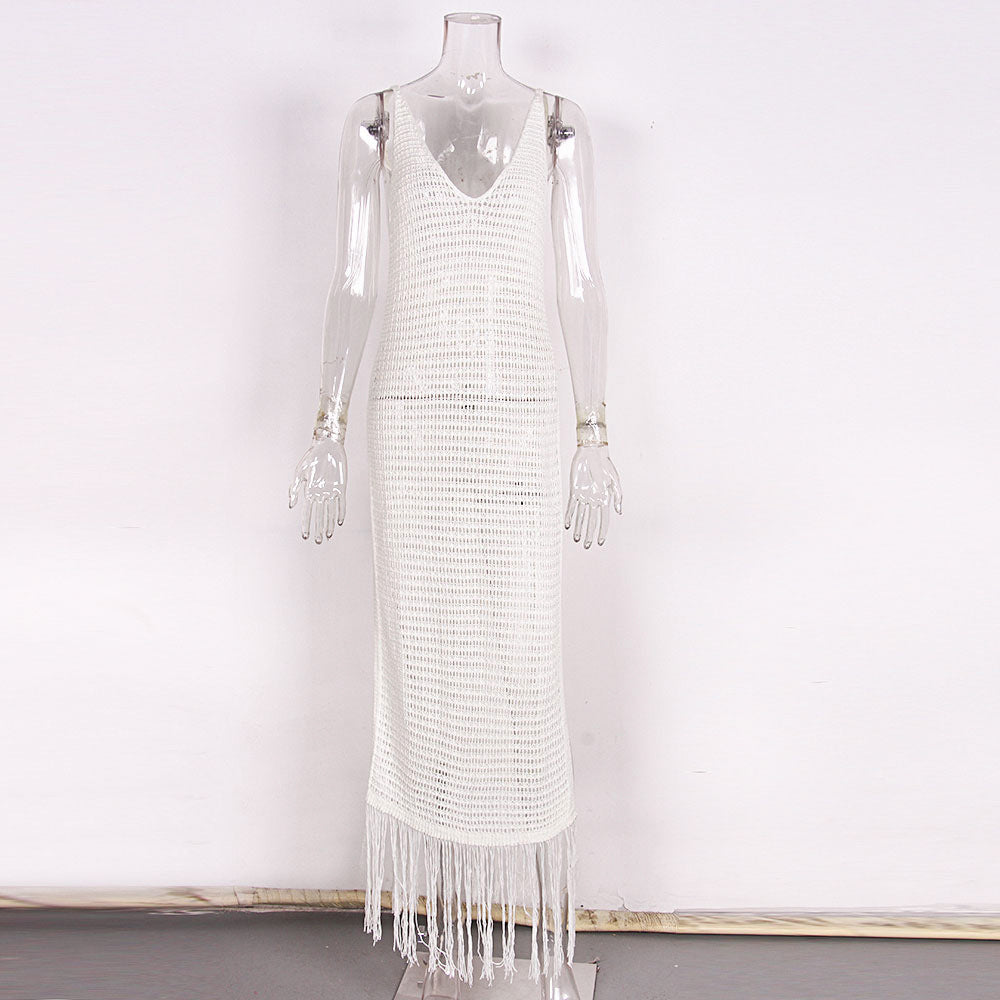 Fringe Hem Crochet Maxi Beach Cover Up - White - 3