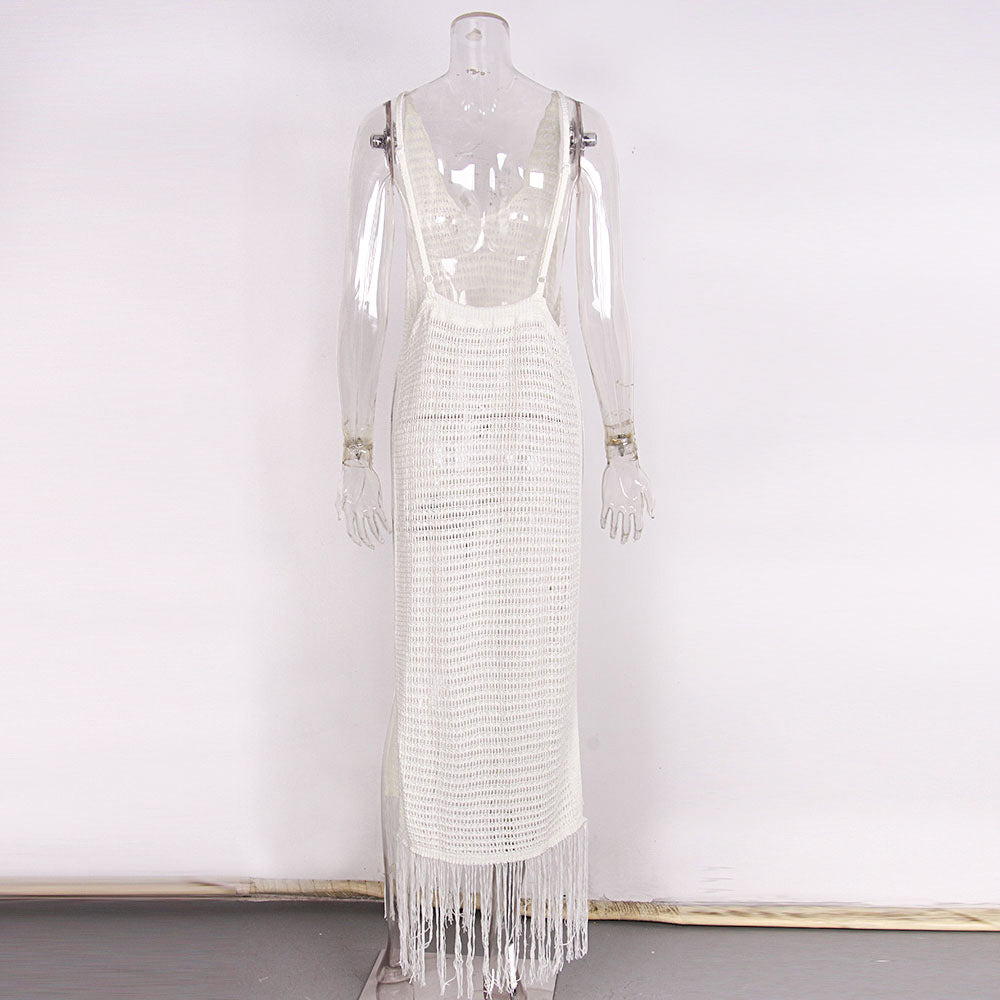 Fringe Hem Crochet Maxi Beach Cover Up - White - 4