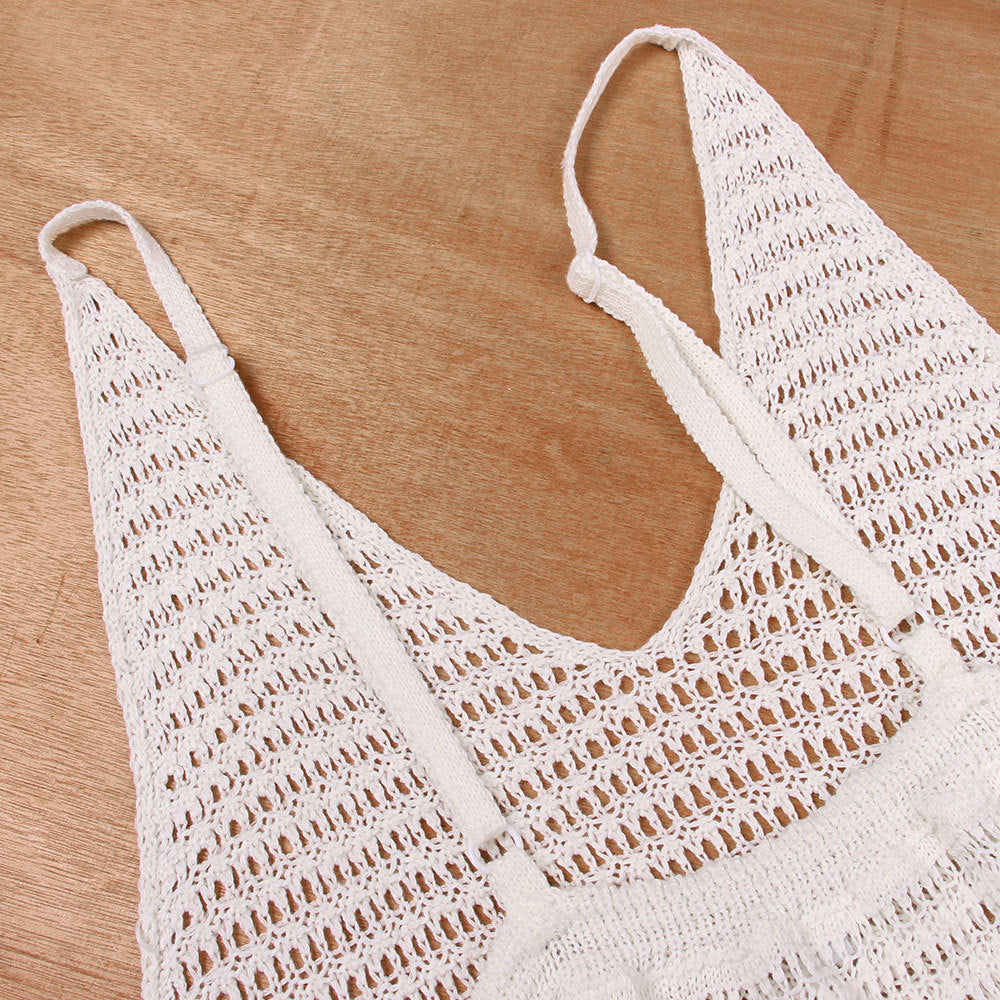 Fringe Hem Crochet Maxi Beach Cover Up - White - 5