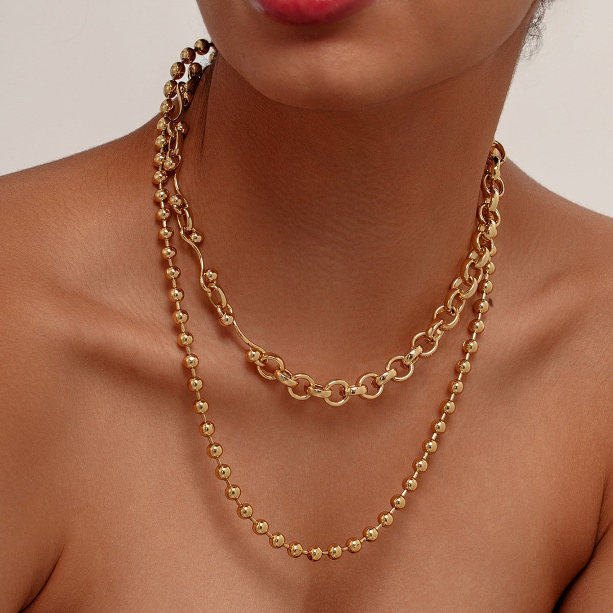 Gold Tone Layered Paperclip Necklace And Bracelet Set