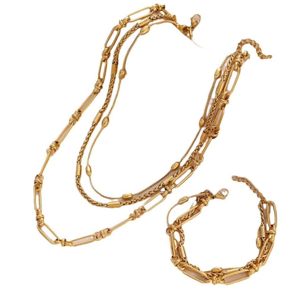Gold Tone Layered Paperclip Necklace And Bracelet Set