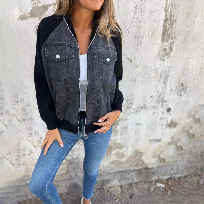 Colorblock Denim Varsity Bomber Jacket - Black