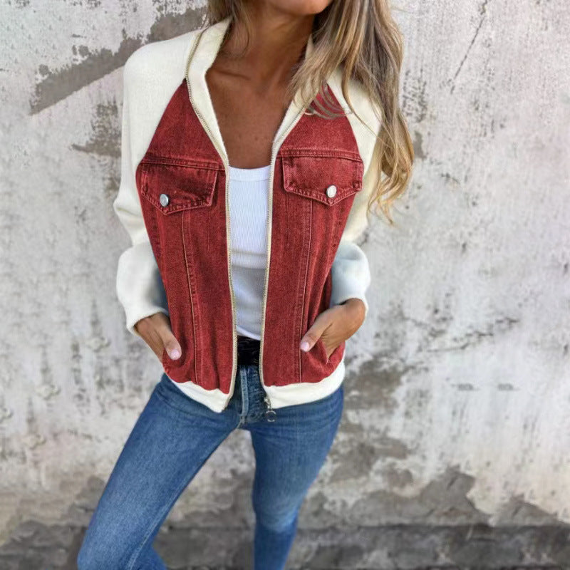 Colorblock Denim Varsity Bomber Jacket - RedWhite