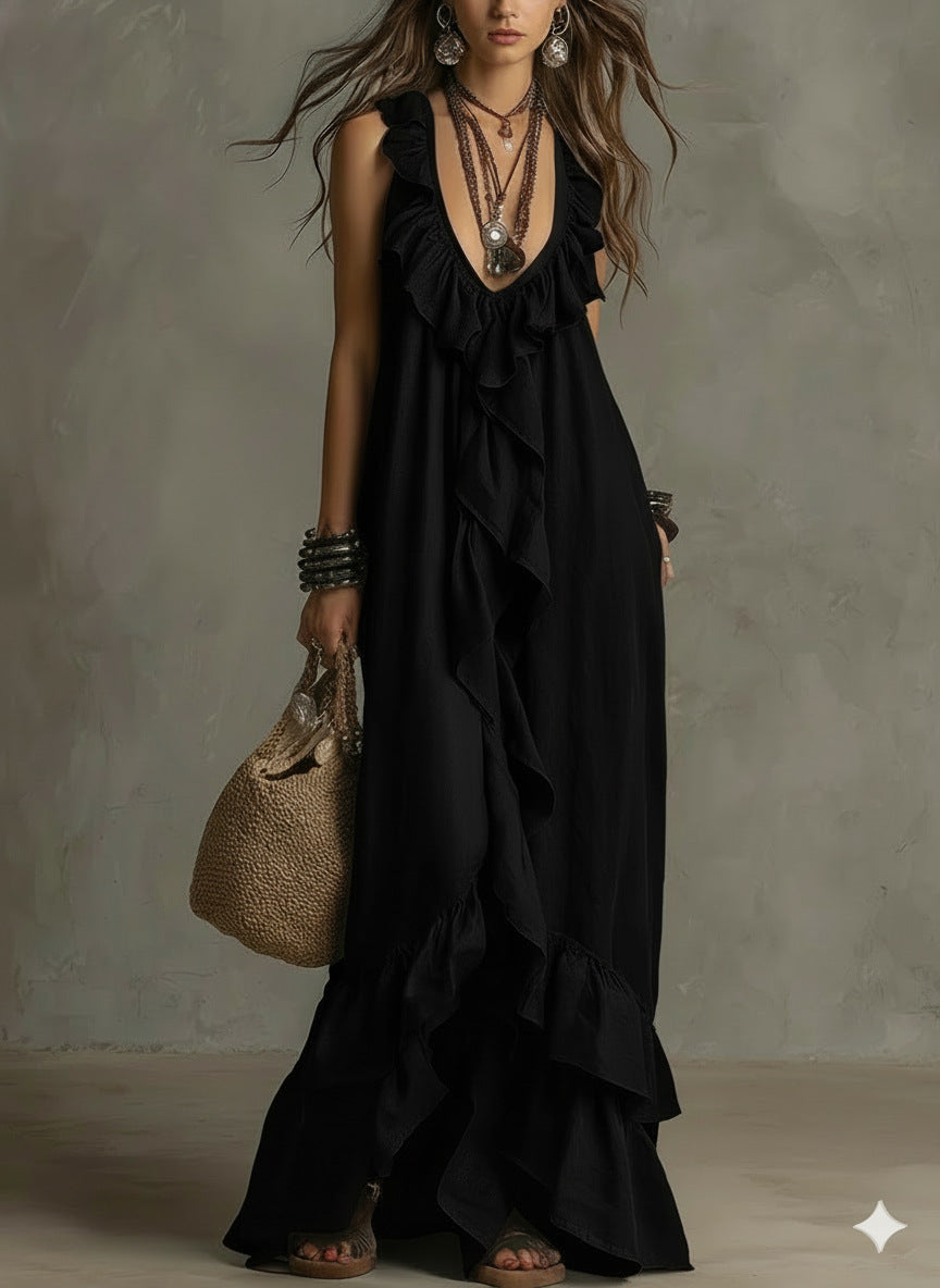 Ruffle Cascade Sleeveless Boho Maxi Dress - Black