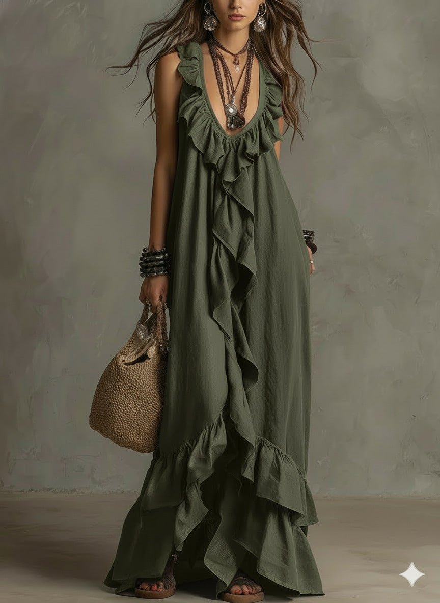 Ruffle Cascade Sleeveless Boho Maxi Dress - Green