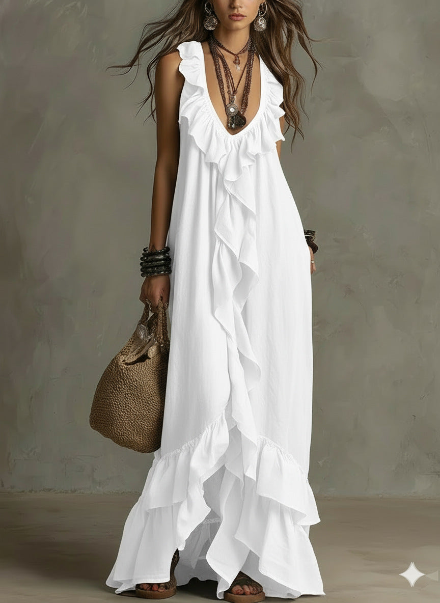 Ruffle Cascade Sleeveless Boho Maxi Dress - White