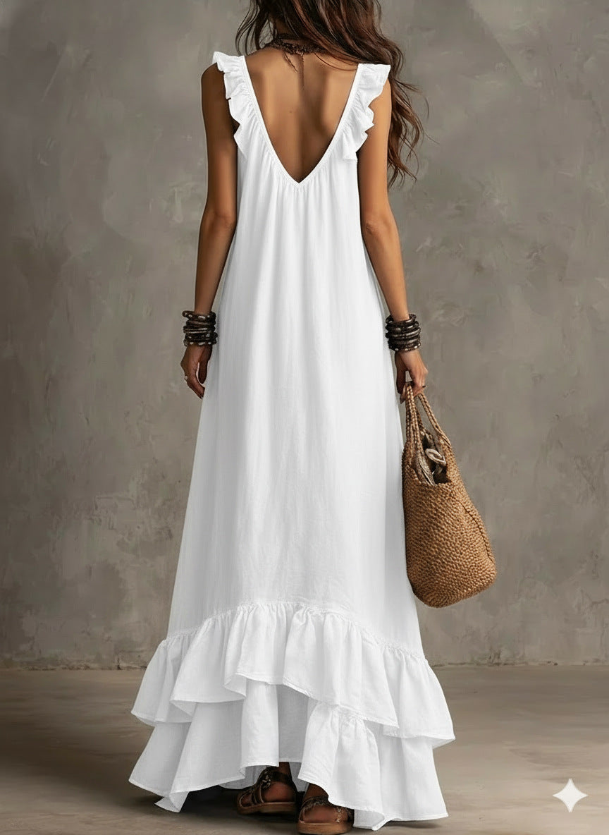 Ruffle Cascade Sleeveless Boho Maxi Dress - White - 1