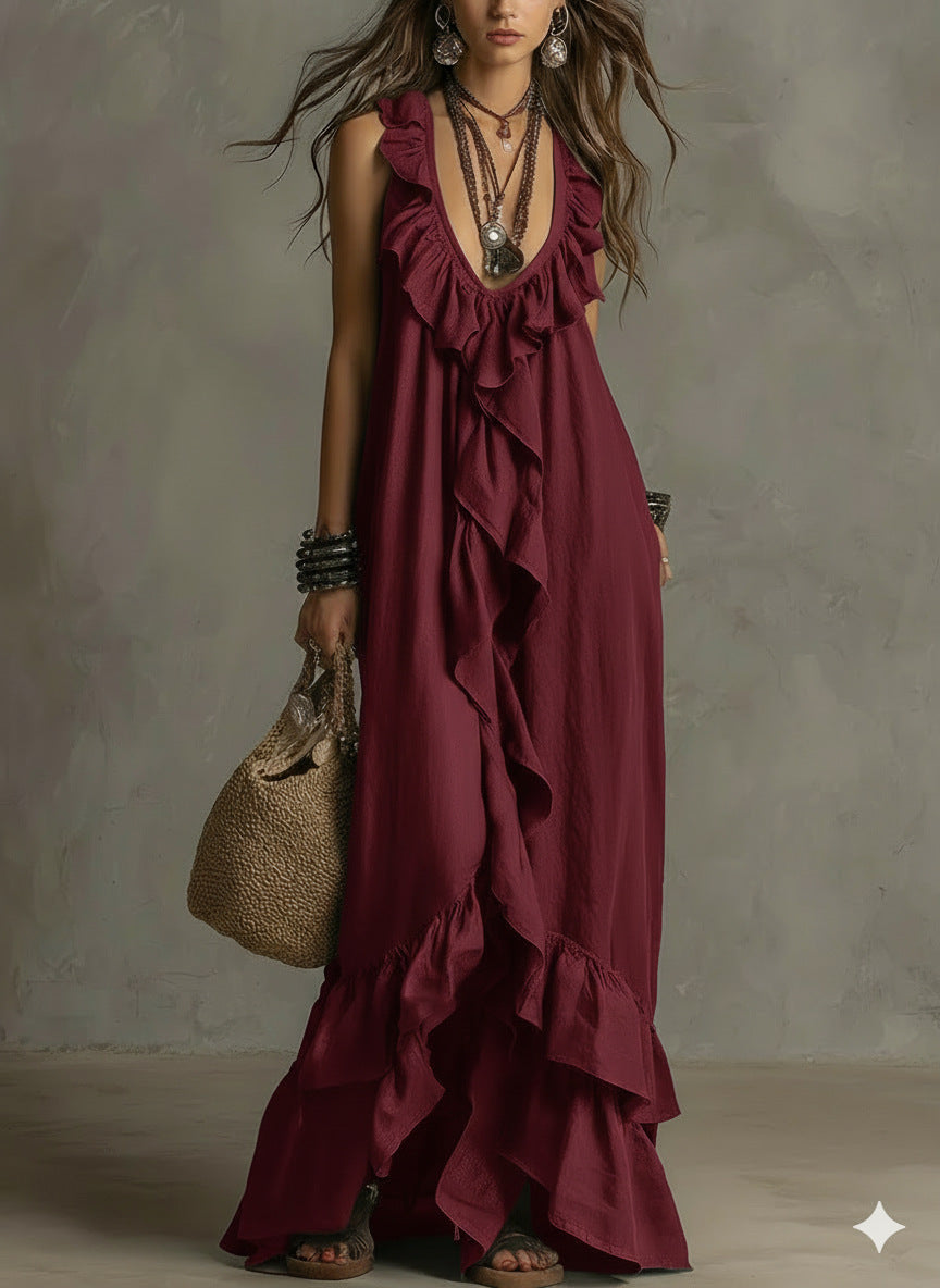 Ruffle Cascade Sleeveless Boho Maxi Dress - Winered